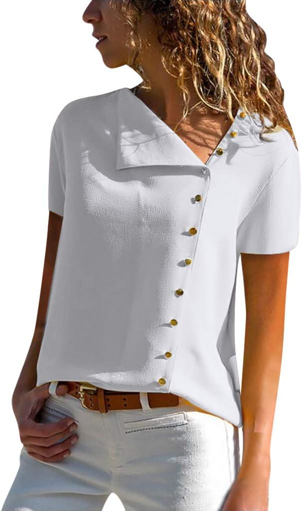 Womens Tees Casual Lapel Neck T-Shirt Ladies Short Sleeve Buckle Blouse Tops Slim Fit Sexy Tunic