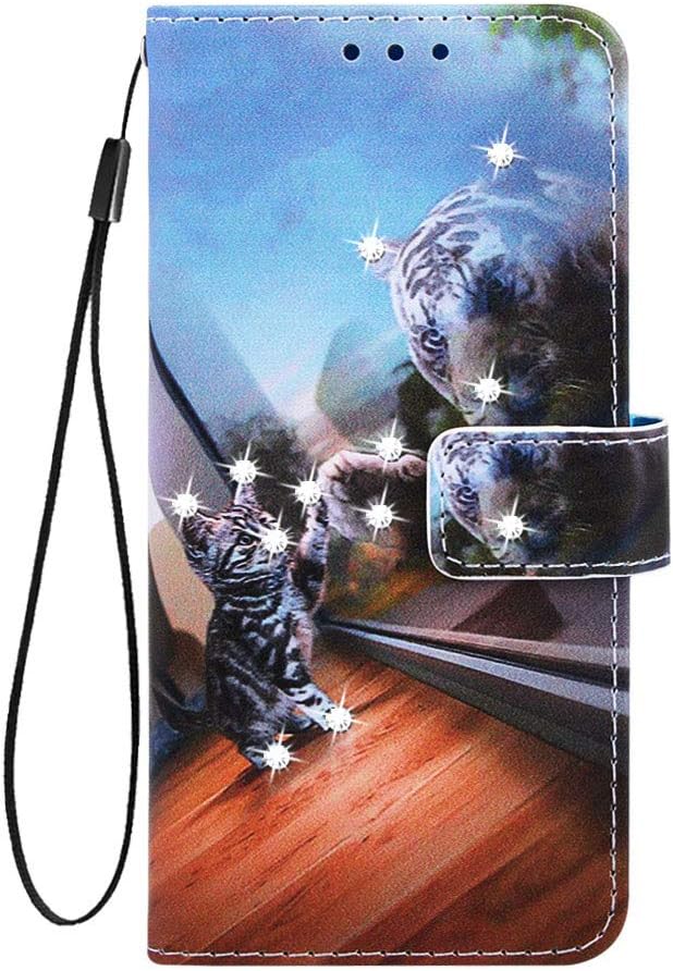 Fatcatparadise for Huawei Honor 9X / Honor 9X Pro Case [With Tempered Glass Screen Protector], [Kickstand] Retro Flip Case, Sparkly Diamonds PU Leather Wallet Fashion Protective Case (Tiger)