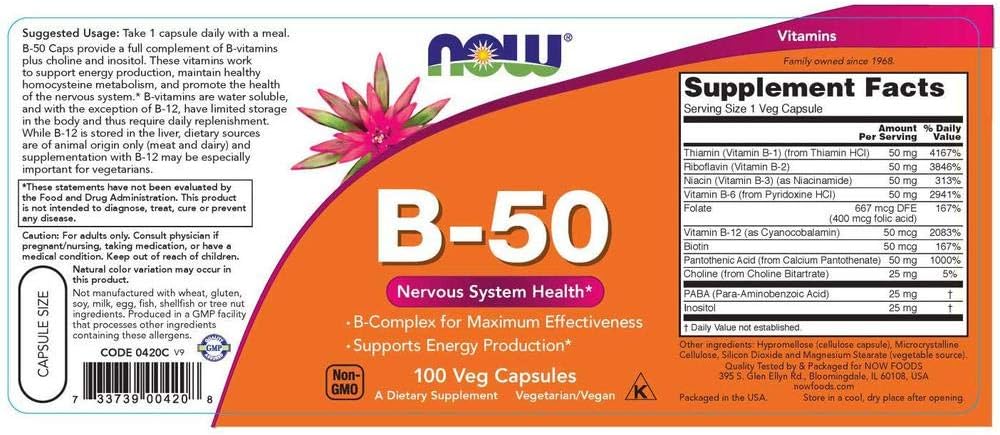 NOW Supplements, Vitamin B-50 mg, Energy Production*, Nervous System Health*, 100 Veg Capsules: Health & Personal Care