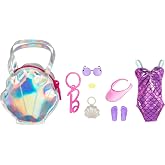 Barbie Clothes Set, Beach-Themed with Swimsuit, 5 Acessories &amp; Zippered Doll-Sized Shell-Shaped Bag with Clip-On Ring, Iridescent