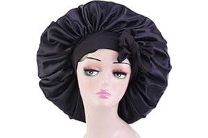 ISSHIN BEAUTY Satin Bonnet Silk for Hair Sleeping: Women Tie Bonnets Adjustable Night Cap Jumbo Size Comfortable Wide Band for Braids Curly Long Hair (Black)