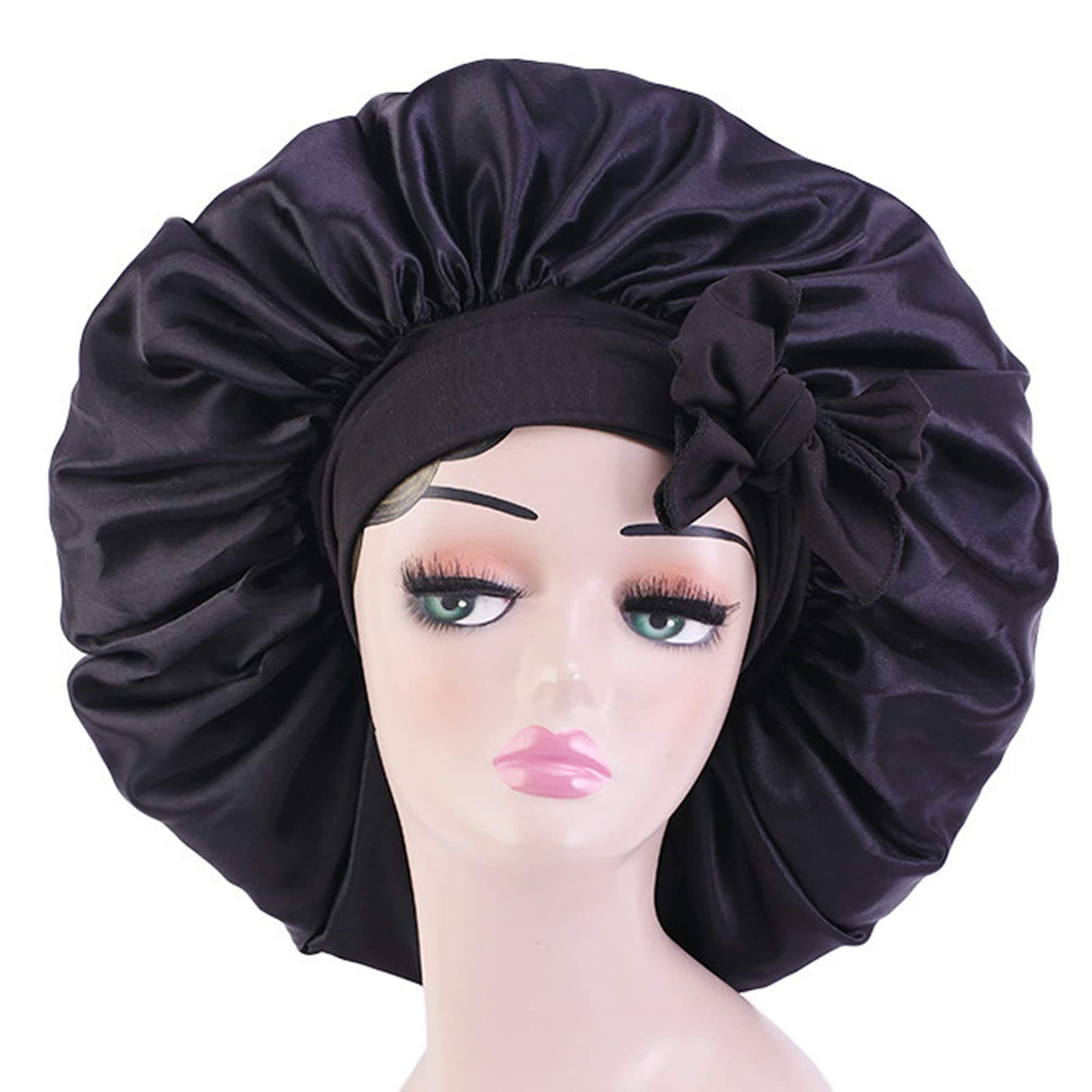 Satin Bonnet Silk Bonnet Hair Bonnet Jumbo Size For Sleeping Satin Bonnet Stretchy Tie band for Women long Curly Braid Hair (Black)