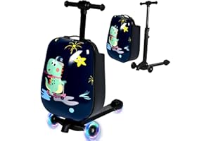 smilesun 4-in-1 Detachable Scooter Luggage for Kids & Teens, Hardside Ride-On Suitcase with Dinosaur Design, Lightweight Foldable, Perfect Travel Gift for Boys(Navy Blue 22-inch)