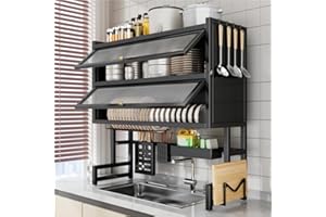 Kitchen Storage Over The Sink Dish Drying Rack, 2 Tier Large Capacity Dish Rack with Utensil, Knife Holder and Hooks, Kitchen