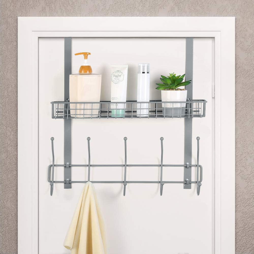 Shower Tidy Hanging Shelf Organizer,Over The Door Bathroom Towel Hanging Rack, Pantry Rack Organizer with 1 Basket Silver
