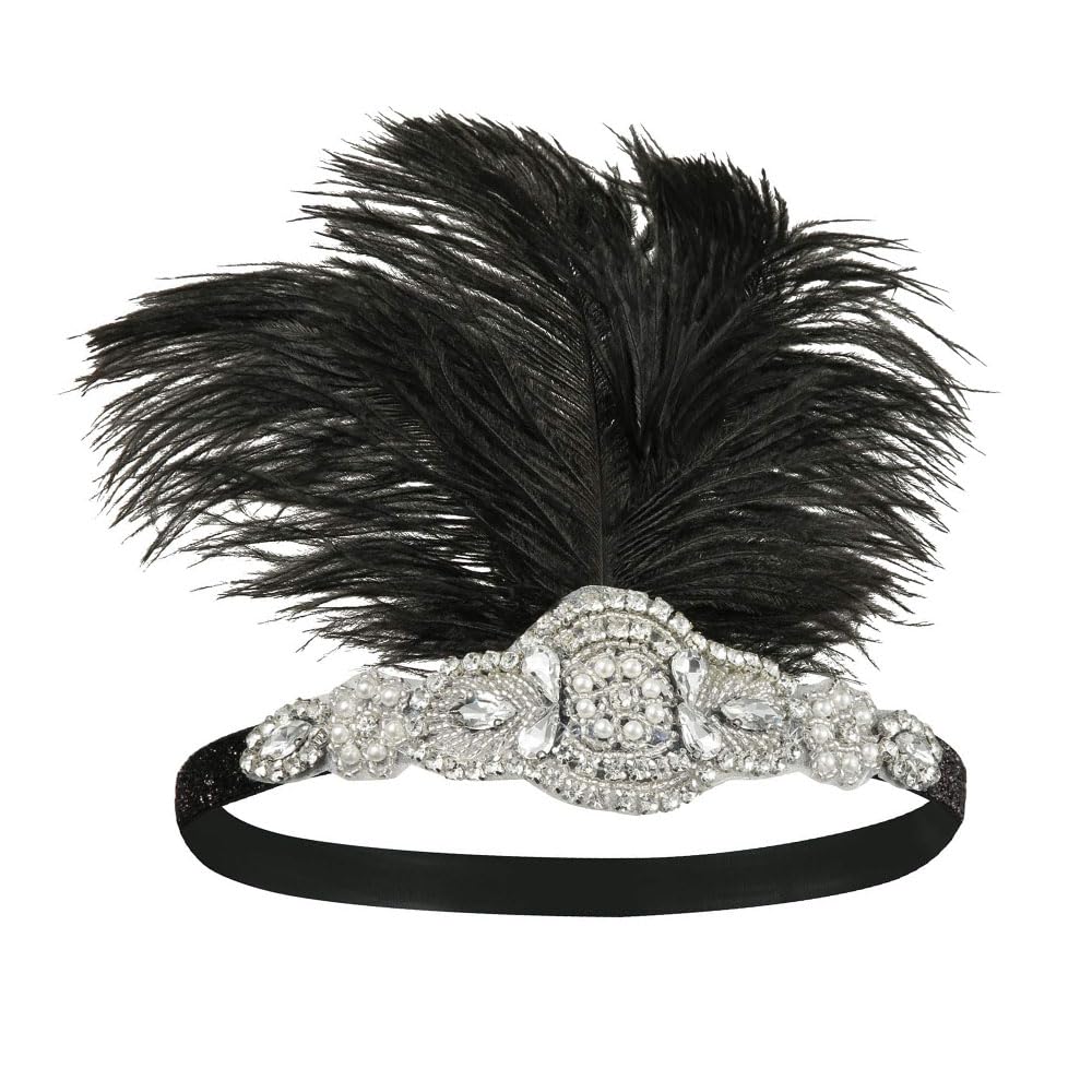Photo 1 of Sunshinesmile Bride Vintage 1920s Flapper Headpiece Roaring 20s Headband for Women Hair Accessory (Beaded white feather, one size)