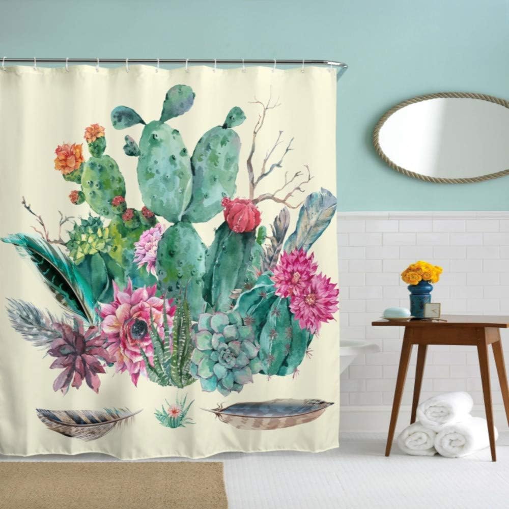 IcosaMro Cactus Shower Curtain for Bathroom with Hooks, Cacti Decorative Long Cloth Fabric Shower Curtain, Yellow, 71x72 Inches
