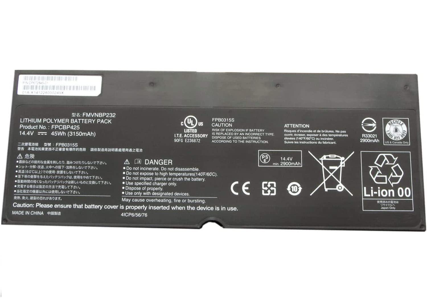 FPCBP425 FMVNBP232 FPB0315S Laptop Battery Replacement for Fujitsu LifeBook T904 T935 T936 U745 Series Notebook (14.4V 45Wh 3150mAh)