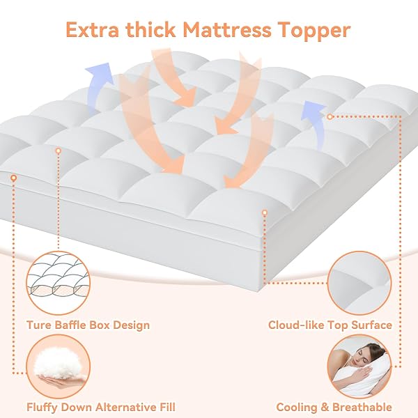 TOPLLEN FULL MATTRESS TOPPER FOR BACK PAIN RELIEF, EXTRA THICK PILLOW TOP PLUSH MATTRESS PAD WITH DEEP POCKET, SOFT PILLOWTOP FULL SIZE BED TOPPERS FILLED FLUFFY DOWN ALTERNATIVE, WHITE