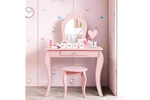 HONEY JOY Kids Vanity Set with Mirror, Toddler Wooden Vanity Table with Stool & Drawer, Removable Top, Princess Pretend Play Beauty Makeup Dressing Table Playset for Little Girls(Pink)