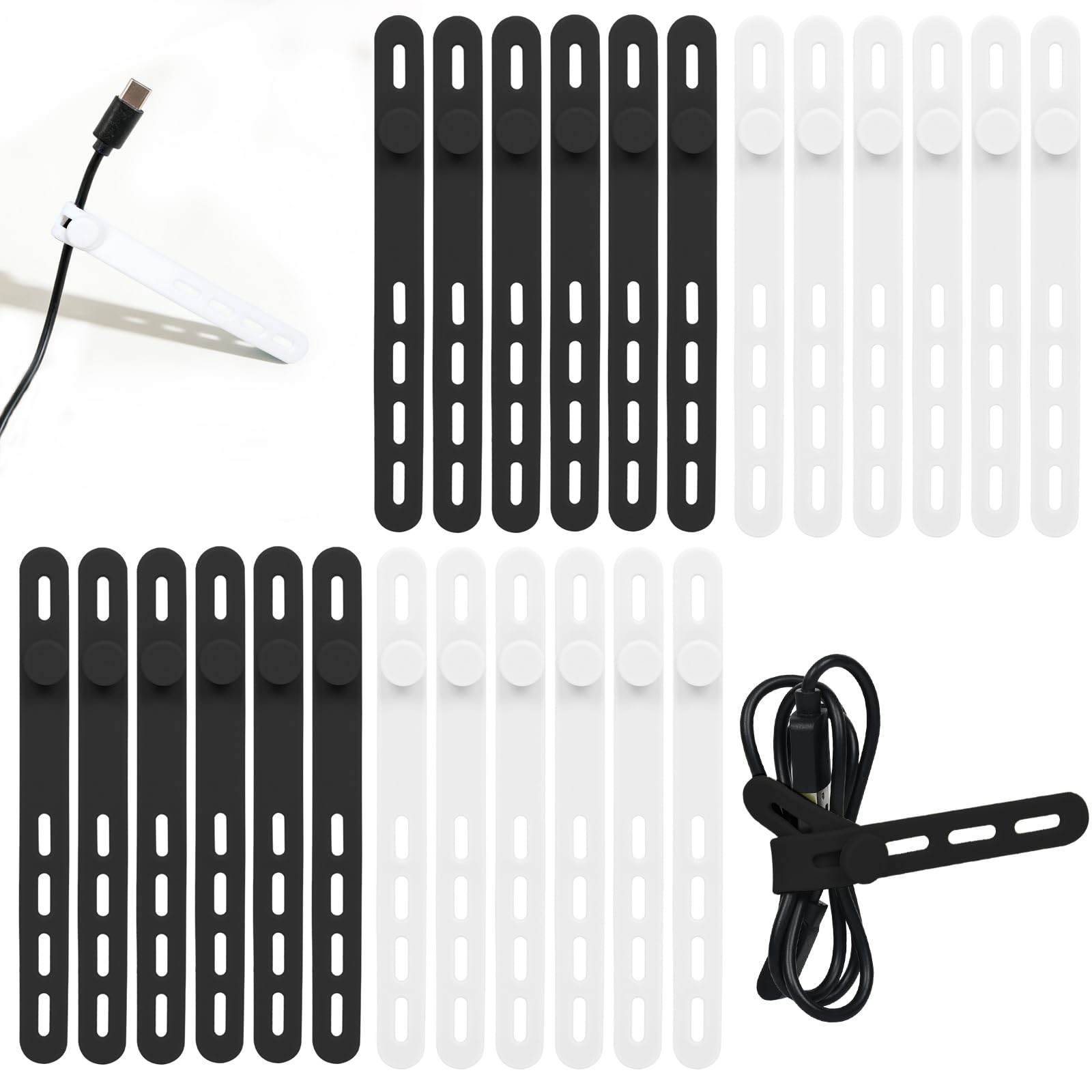 Donruby 24Pcs Silicone Cable Ties - Reusable & Washable with Locking Buckles, Adjustable Fastening Cable Management Straps, Multi-Purpose High Elasticity Cord Organizer (Black & White)