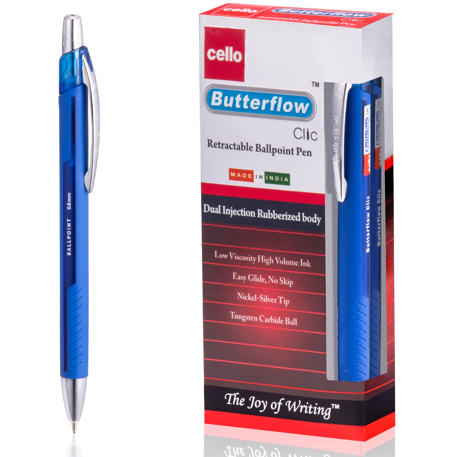 Cello Ballpoint Pens Butterflow Clic Retractable Ball pen | Medium Point (0.8 mm) | Pack of 12 Blue Biro Pens