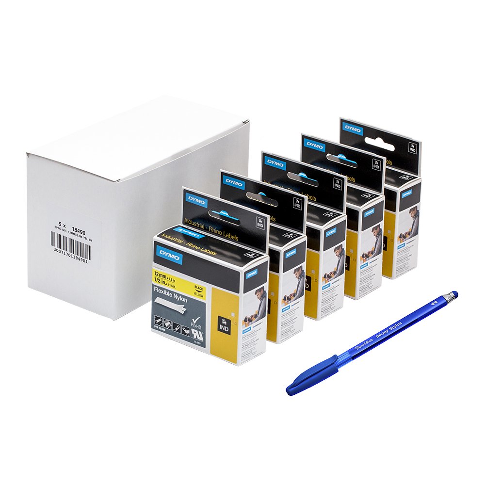 5 x Dymo 18490 Rhino Industrial Labels Flexible Nylon 12 mm x 3.5 m - Black on Yellow + PaperMate Pen Gift