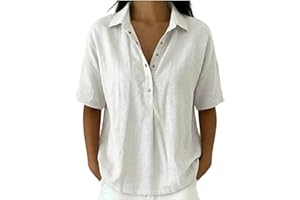 Womens Cotton Linen Shirts Solid Color Short Sleeve V Neck Collared Button Down Blouses Summer Trendy Going Out Clothes