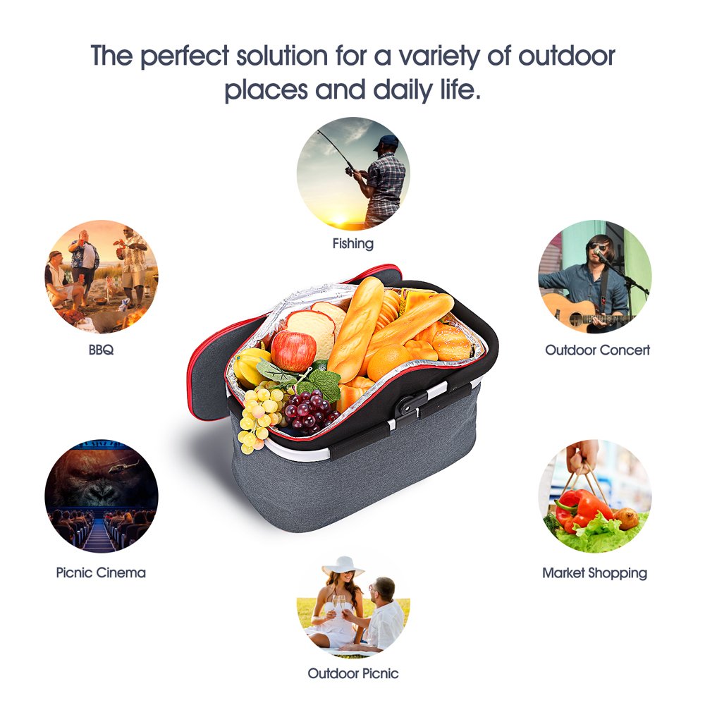 Collapsible Soft Cooler Bag 30L Family Size Insulated Folding Picnic Basket Service for 4 Person’s Food and Drink Keep Hot/Cold/Fresh for Hours Waterproof Insulation Tote With Aluminum Handle-Gray