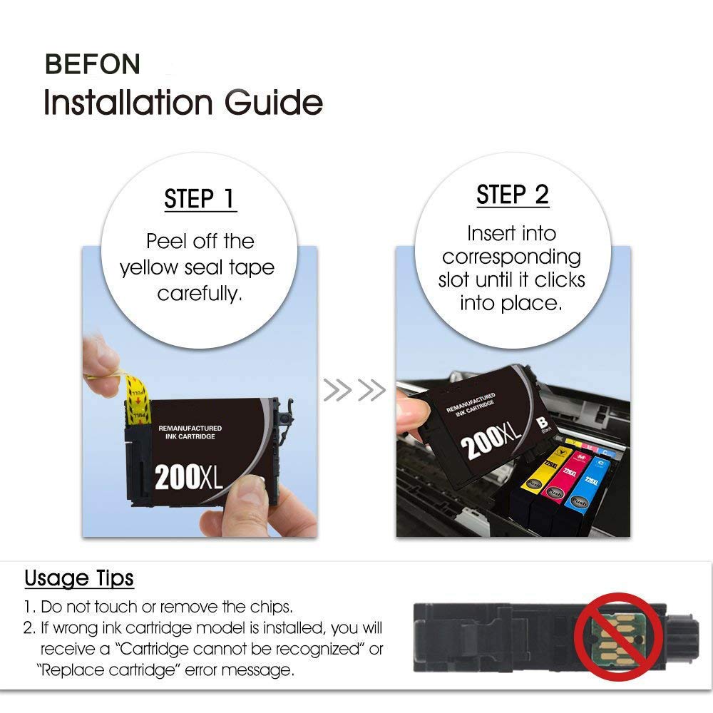 BEFON Re-Manufactured Ink Cartridge Replacement for 200XL 200，to use with XP-200 XP-300 XP-310 XP-400 XP-410 WF-2520 WF-2530 WF-2540(6 Black, 2 Cyan, 2Magenta, 2 Yellow, 12-Pack)