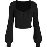 CIDER Women’s Crop Top Sweater Square V Neck Lantern Sleeve Cute Rib Knit Pullover