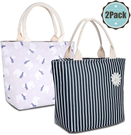 blue and white striped lunch bag