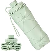 YCT Collapsible Silicone Travel Water Bottle 20oz (600ml), Reuseable Leakproof BPA Free Foldable Sports Bottle, with Carrying Strap, Green