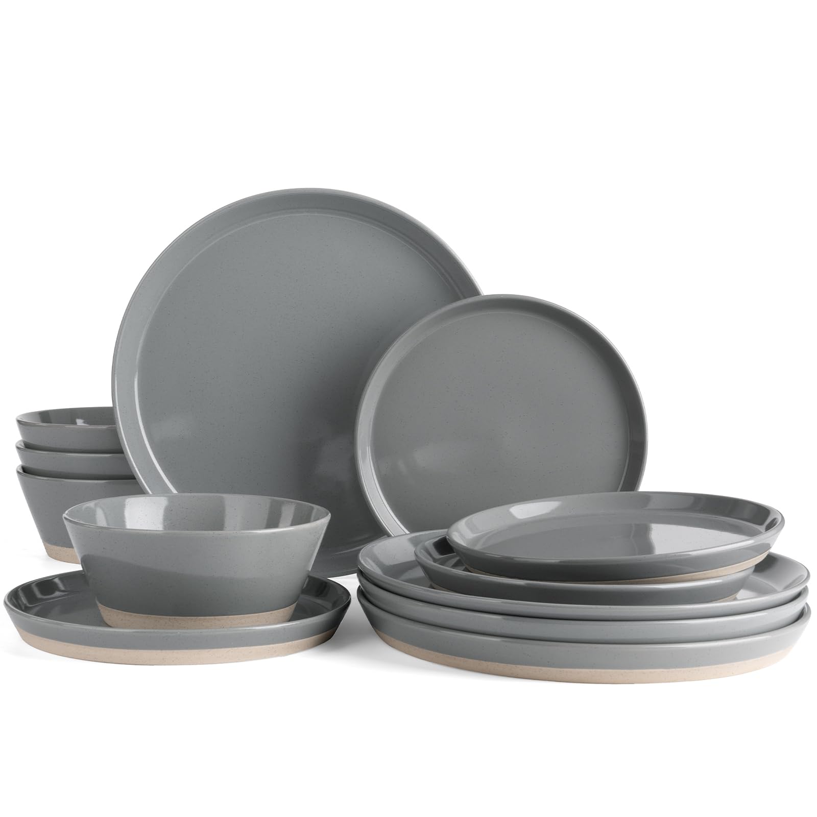 Famiware Saturn Dinnerware Sets for 4, 12 Pieces Stoneware Plates and Bowls Dish Set - Chip and Scratch Resistant, Microwave and Dishwasher Safe Tableware, Dark Gray Image
