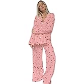 AMPOSSTO Women Love Heart Print 2 Peice Pyjama Set Long Sleeve Button Down Shirts with Long Pants Pajamas for Sleepwear