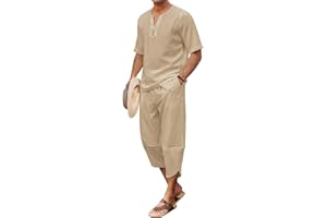 COOFANDY Men's 2 Pieces Linen Set Henley Shirt Short Sleeve and Harem Capri Pants Wide Leg Baggy Beach Yoga Trousers Outfits