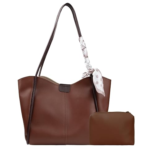 MultiValue Tote Bag, Large Capacity Ladies Tote Bag with Magnetic Buckle Premium Solid Colour Hobo Bag Leather Handbag for Travelling Working Shopping (Brown)