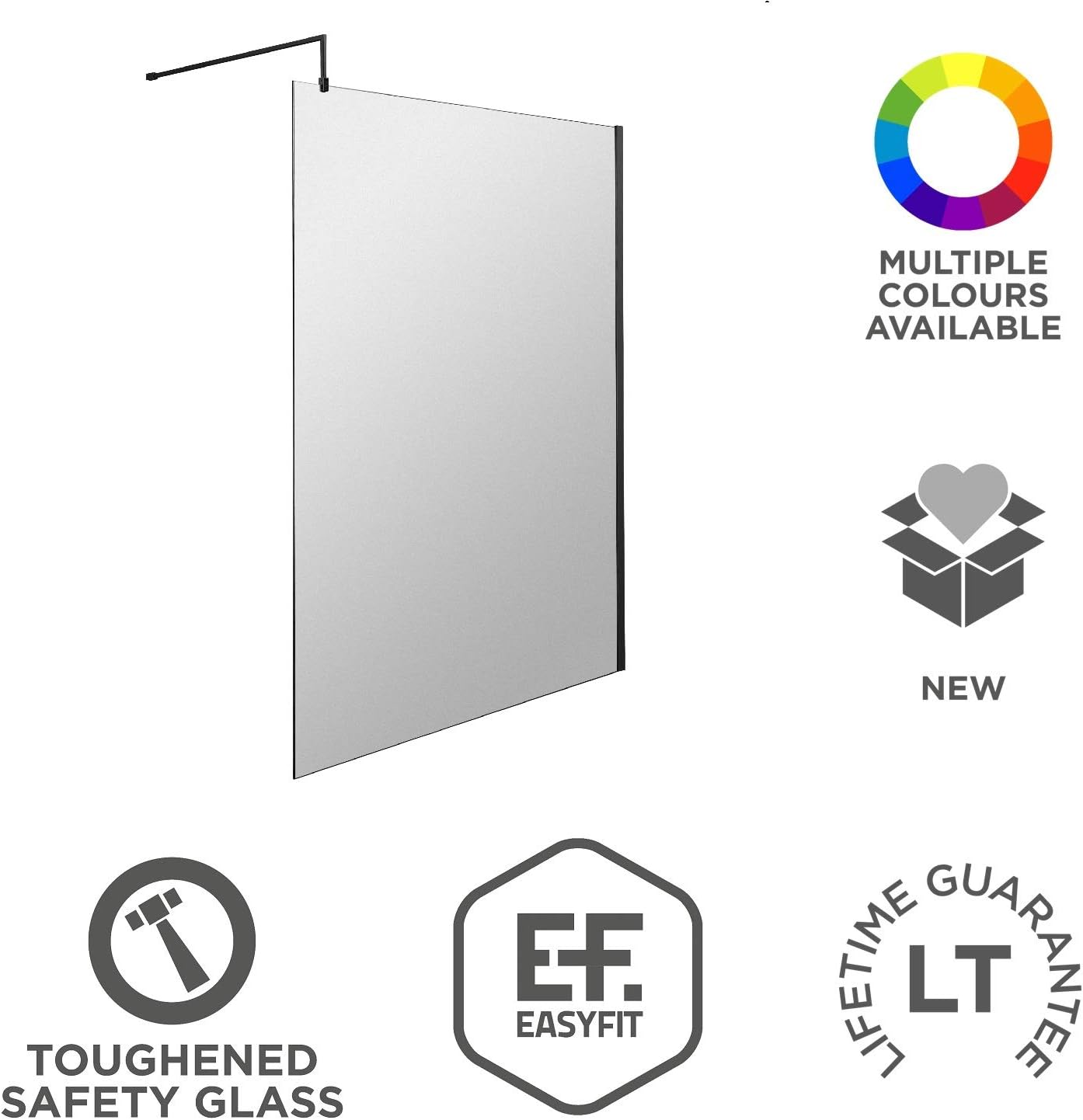 Nuie WRSCBP14 Modern Bathroom 8mm Toughened Safety Glass Wetroom Screen with Support Bar, 1400mm, Matt, Satin Black - Image 5