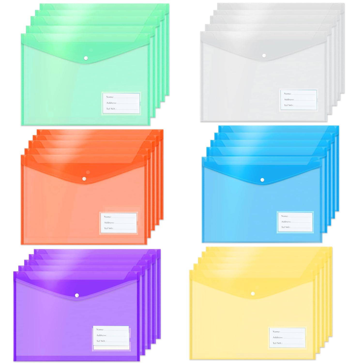 LOSYHU 30 Pack A4 Plastic Envelopes Wallets, Clear Plastic File Pockets A4 Colorful Document Folder Popper Wallet with Label Pocket and Button for School, Home, Office (6 Colour)