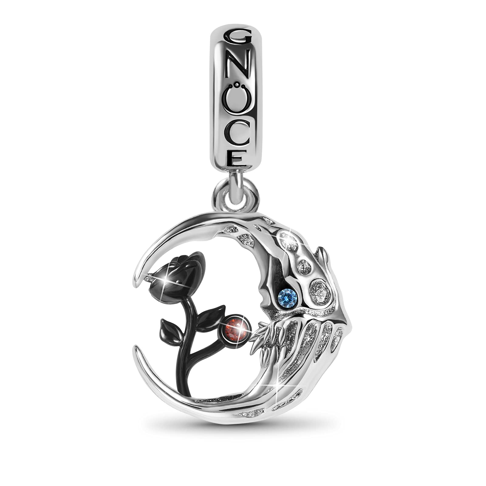 GNOCE Skull Moon with Rose Pendant Charm Sterling Silver Dangle Charm Inlaid with Gemstones Fit Bracelet/Necklace for Women Girls Wife Daughter