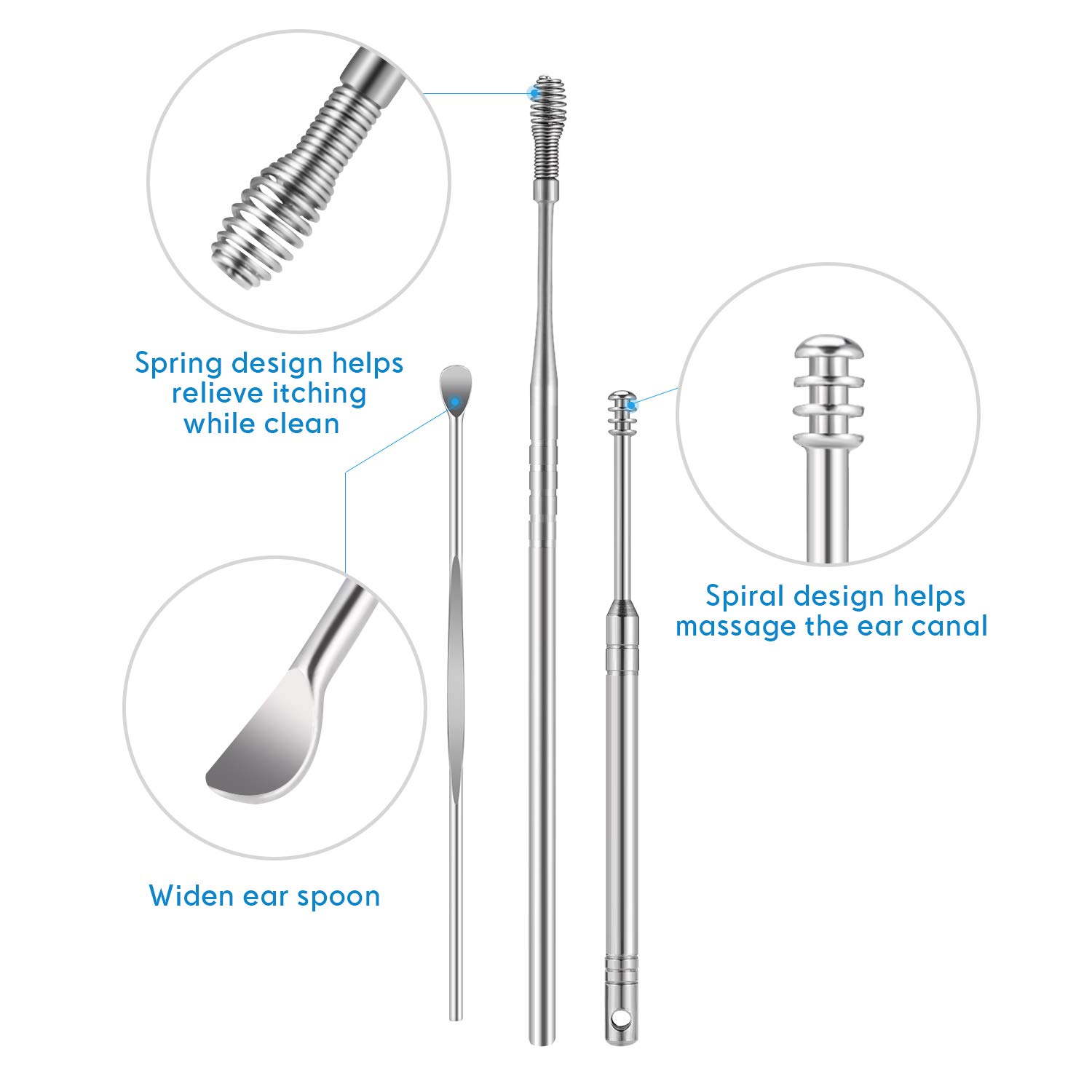 SHINCO 5Pcs Ear Pick Earwax Removal Kit with Storage Box + Smart Ear Swab with Soft Spiral Cleaner,Ear-Pick Tools Ear Care with 15 Replacement Tips