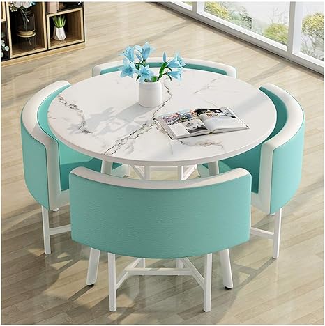 Amazon オフィステーブルと椅子セット テーブル1脚と椅子4脚 革 80cm丸テーブル レストラン キッチン ベッドルーム レジャーテーブルと椅子 コーヒーショップ ミルクティーショップ 複数の色 オレンジ 緑 黄色 Color Blue 家具 オンライン通販