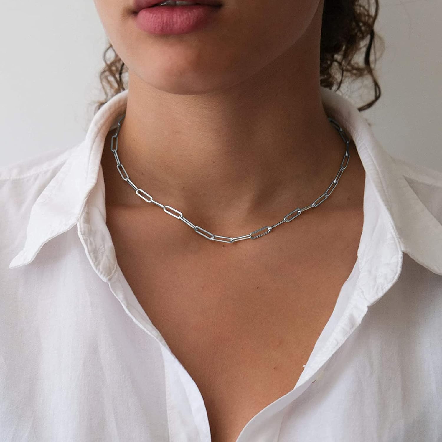 RWQIAN 18k Gold Paperclip Chain Link Necklace Dainty Paperclip Link Chain Layered Necklace Oval Link Chains Initial Necklaces Set for Women Girls (18K Silver Necklace): Clothing