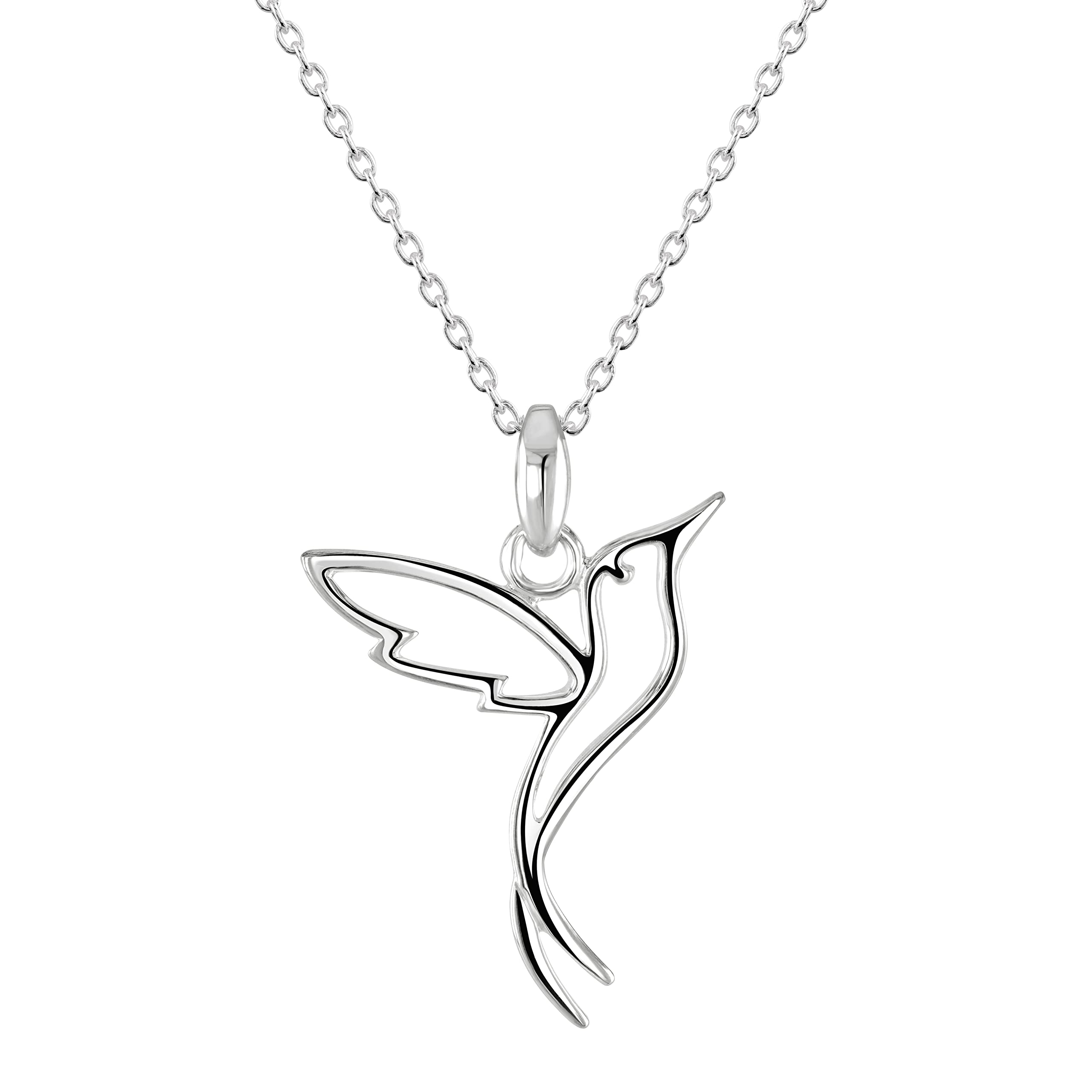 Dew Humming Bird Pendant 18" Necklace – Sterling Silver, Cute and Fun Animal Outline Pendant