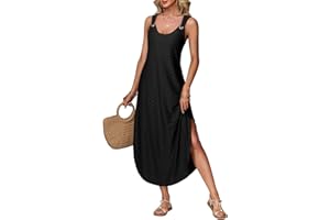 RIROW Womens Summer Maxi Dresses Sleeveless Wide Strap Boho Sundresses Beach Cover Ups Long Tank Dress with Pocket