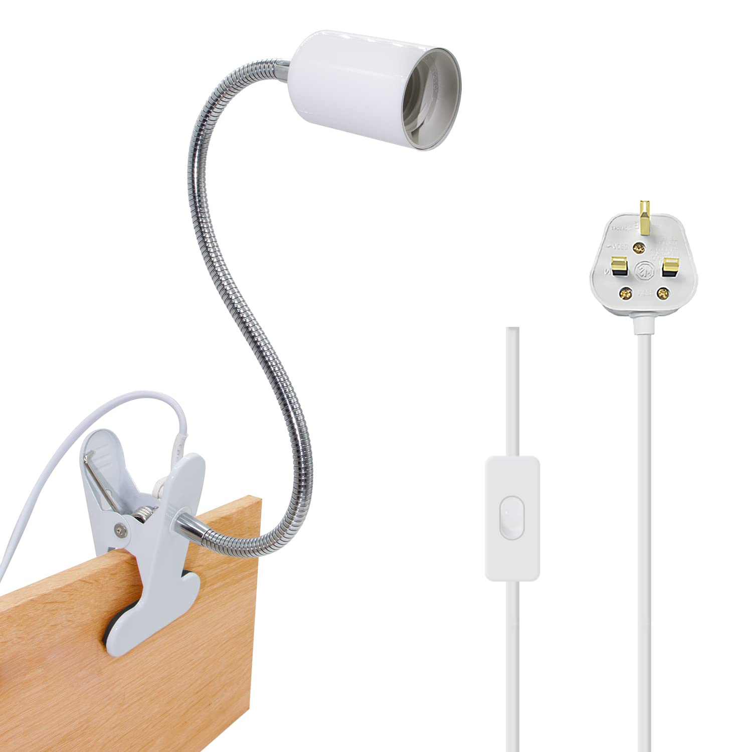 Clip on Bulb Holder Flexible E27 Lamp Holder Metal Clip on Light, White Clamp Light with 360° Rotatable Gooseneck and 220 cm Plug in Cord, Clip Desk Lamp for Bedroom Office, 60 W（Bulb not Included）