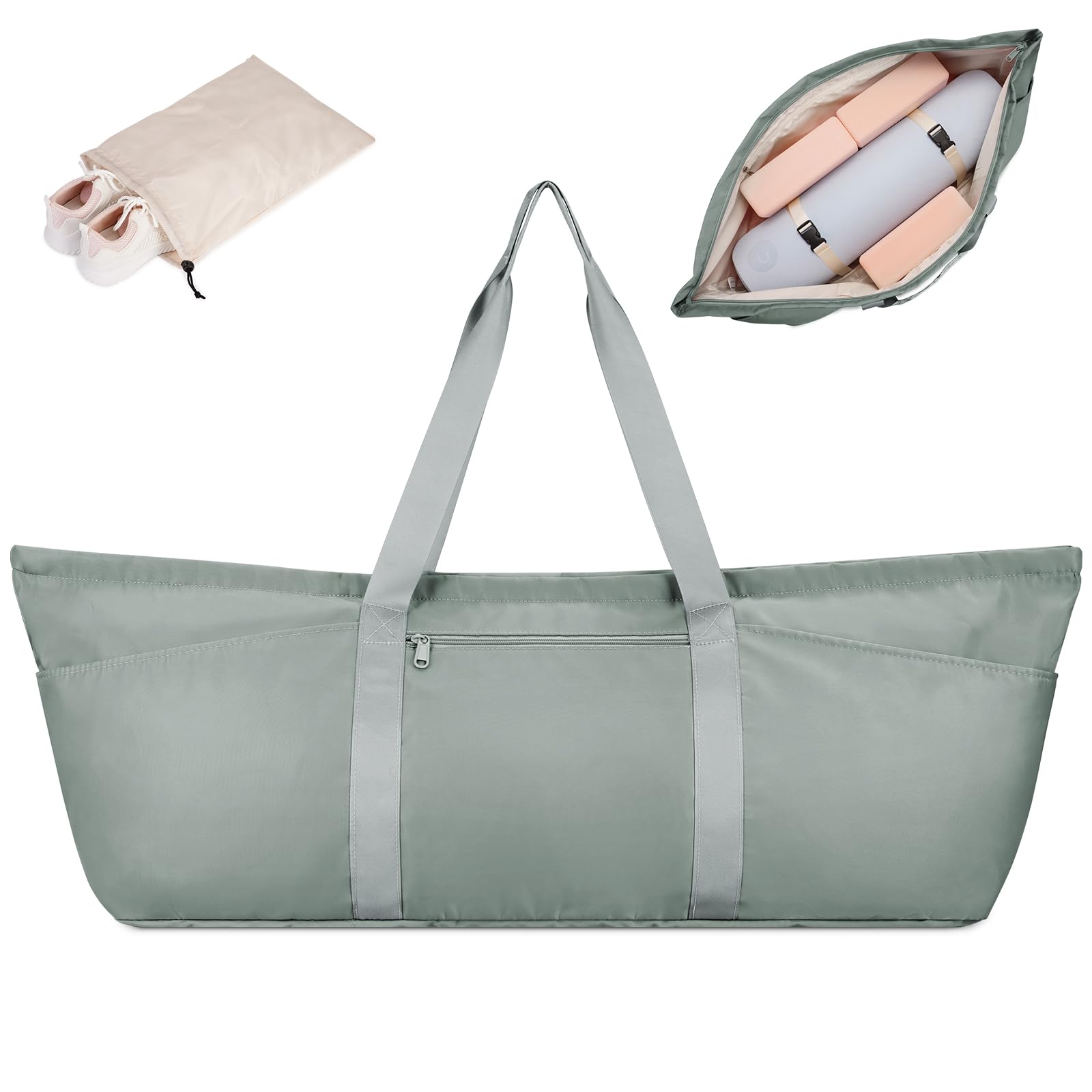 sportsnew Gym Bag Womens Large Yoga Bag for Yoga Mat and Blocks with Shoes Bag and Wet Compartment Ladies Pilates Mat Bag with Adjustable Mat Strap, Greenish Grey