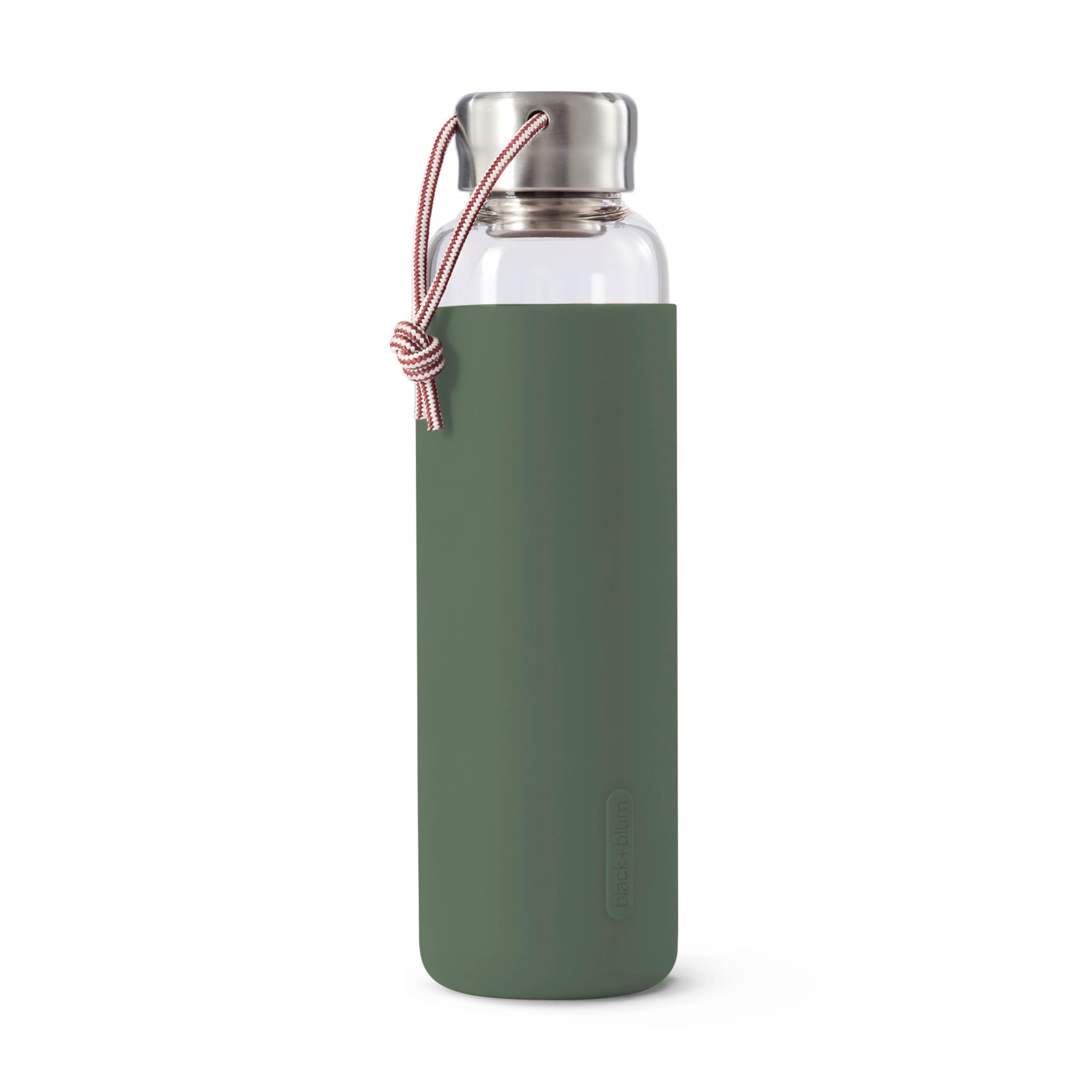 BLACK+BLUM - Glass Water Bottle - Leak Proof, Lightweight Borosilicate Glass Bottle with Screw-Fit Lid, Carry Loop and Protective Sleeve - Freezer Safe, Olive - 600ml