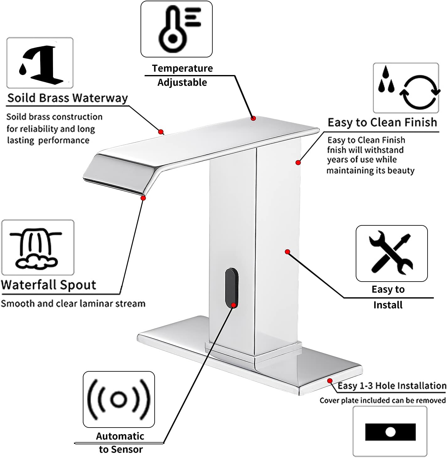 Automatic Sensor Chrome Touchless Bathroom Sink Faucet with Hole Cover Plate Vanity Faucets Hands Free Waterfall Bathroom Water Tap with Control Box and Temperature Mixer by GGStudy: Home Improvement