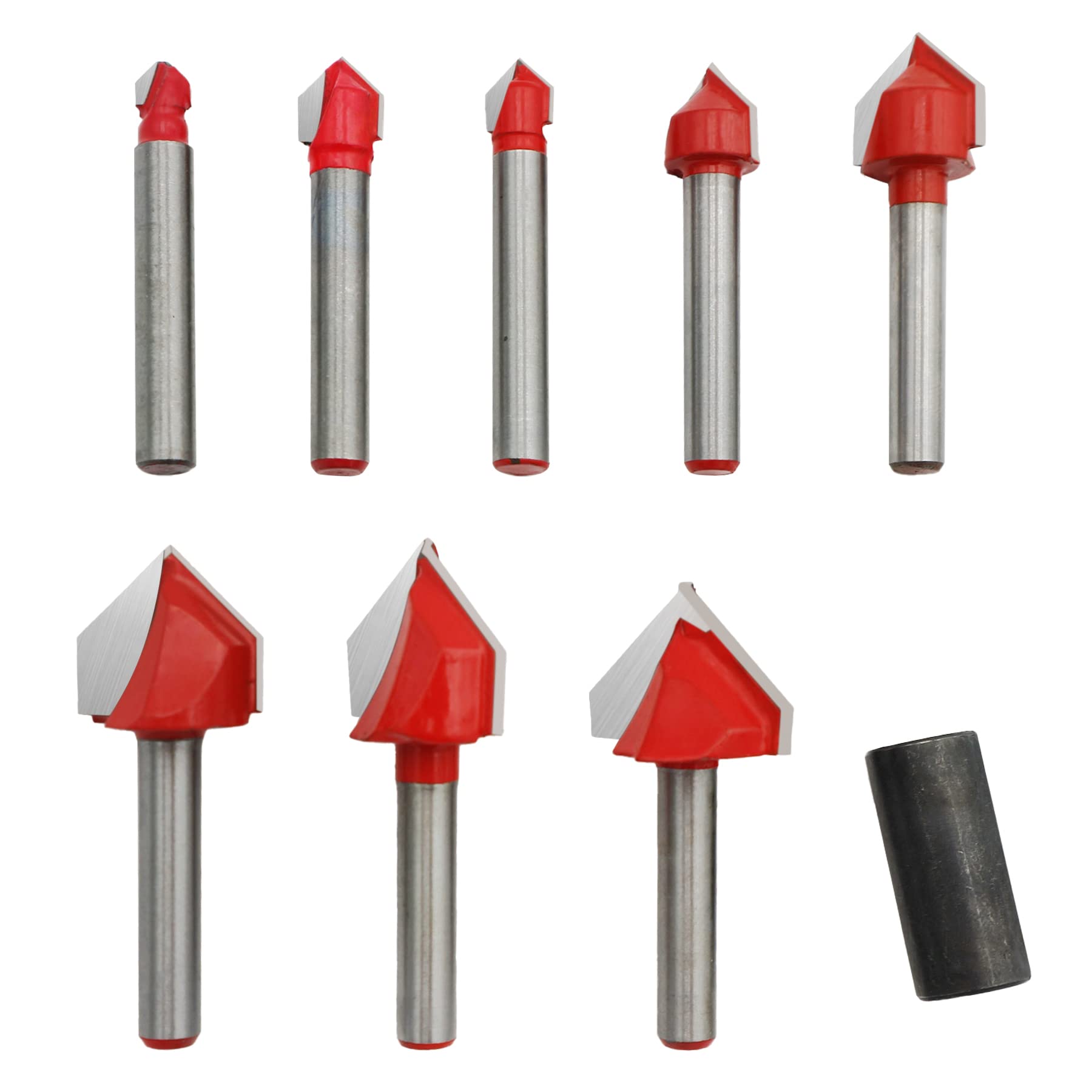 Photo 1 of 1/4 Inch Shank 90 Degree V Groove Router Bit Set Carbide Tipped 2 Flute Engraving Bit Woodworking Chamfer Bevel Tools 1/4" 5/16" 3/8" 1/2" 5/8" 3/4" 7/8" 1" Cutting Diameter 8 Pcs