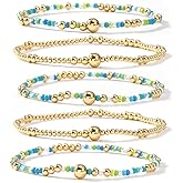 SHINUS BOHO 5Pcs 14K Gold Plated Beaded Bracelets Stack Set for Women,Stretch Boho Colorful Beads Ball Jewelry Friendship Summer Trendy Christmas Day