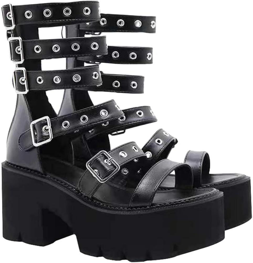 Happyyami 1 Pair Gothic Style Platform Flat Sandals Women Summer Sandals for Punk Style