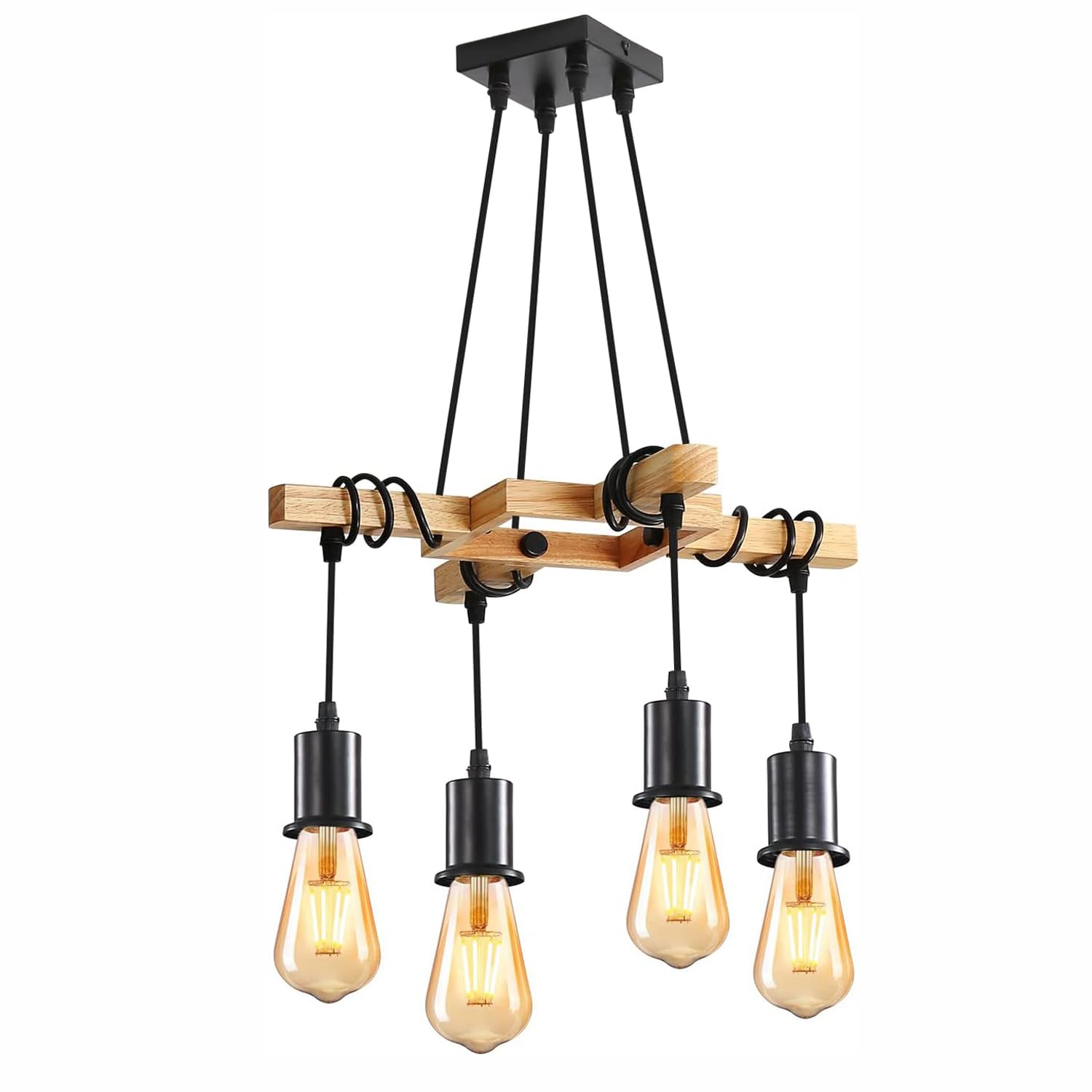 DAXGD Vintage Chandelier, Retro Pendant Lamp in Wood and Black Metal, 4 E27 Bulbs not Included, max 60W, for Living Room or Restaurant