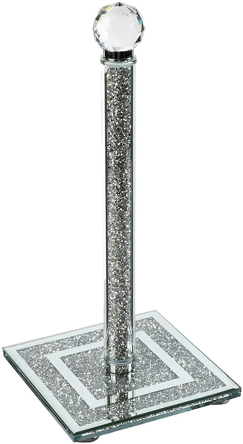 Designer Silver Crushed Diamond Diamante Crystal Filled Kitchen Roll Paper Towel Holder Freestanding Square Base 29cm