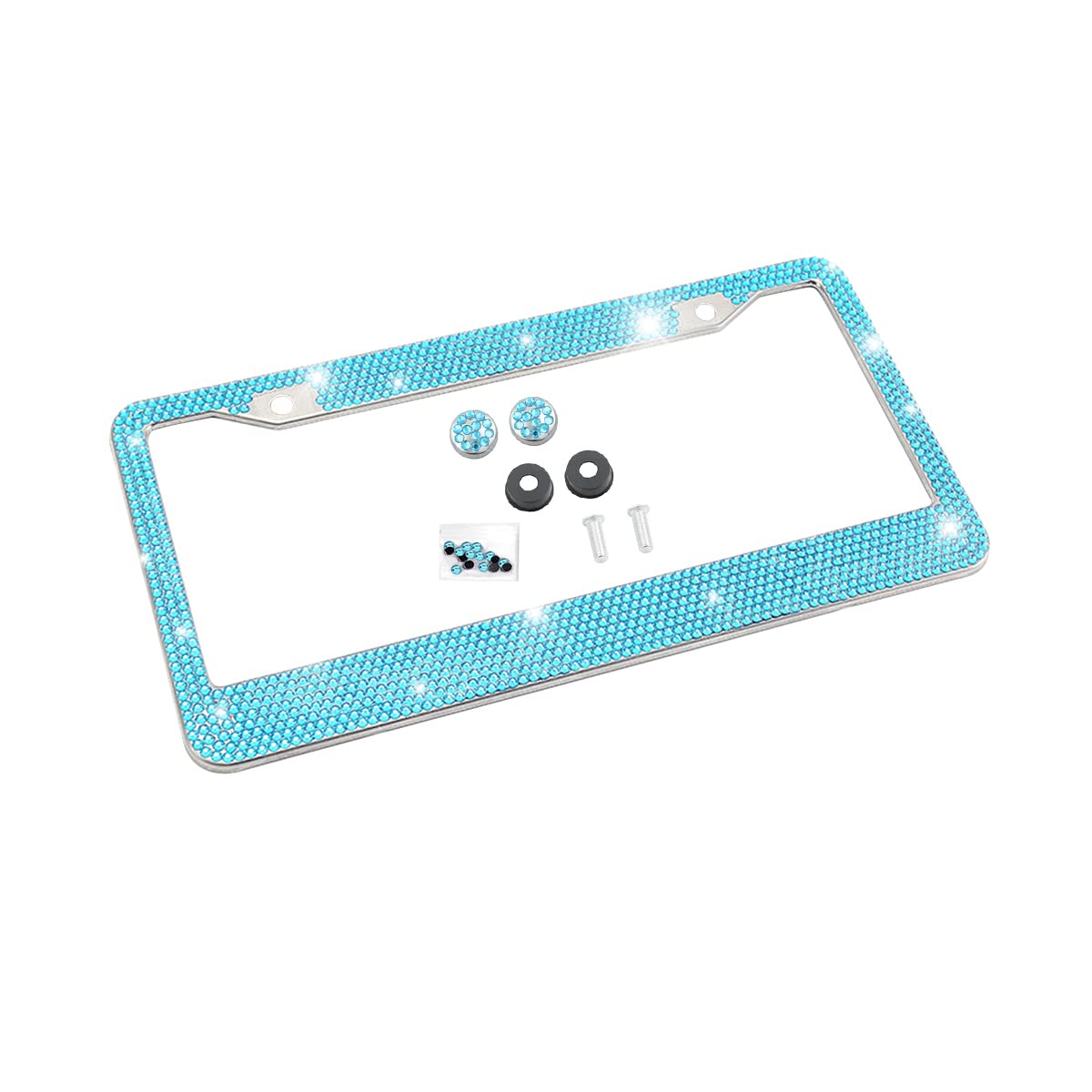 Photo 1 of Bling Car License Plate Frame, Sparkly Rhinestone Stainless Steel License Plate Cover/Holder, Universal for Most Cars, SUVs, Vehicles with Screw Set, Auto Accessories for Women (Light Blue)
