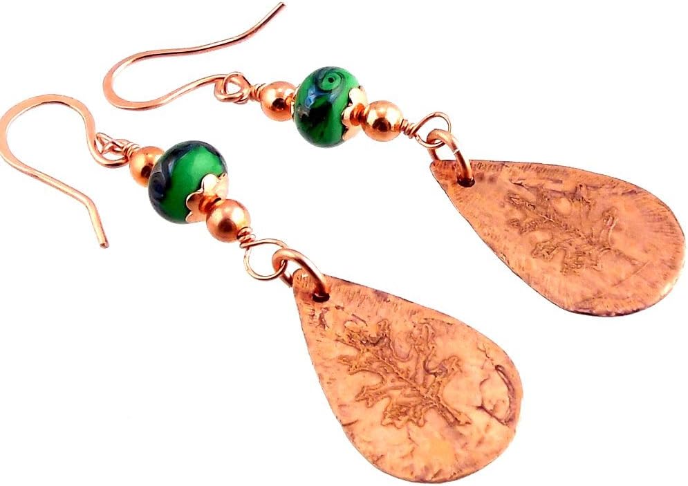 Handmade Lampwork and Copper Leaf Beaded Earrings 2.25 Inches Long
