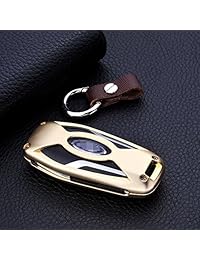 [M.JVisun] Carcasa para llave de entrada sin llave, para Ford Mustang Explorer Taurus F 150, carcasa protectora de aluminio de grado aeronáutico de calidad premium, piel auténtica con llavero, Dorado