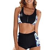 JadeRich Women's Two Piece Sports Bikini Set Athletic Zip Front Swimsuit Racerback Crop Top & Boy Shorts Swimwear