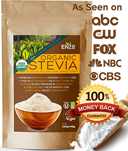 Organic Stevia Powder 125g (4.4oz / 3125 Servings) Premium USDA Certified All Natural Alternative Sweetener 320x Sugar Free Non-GMO 0 Calories Vegan No Aftertaste Kosher No additives & fillers Extract