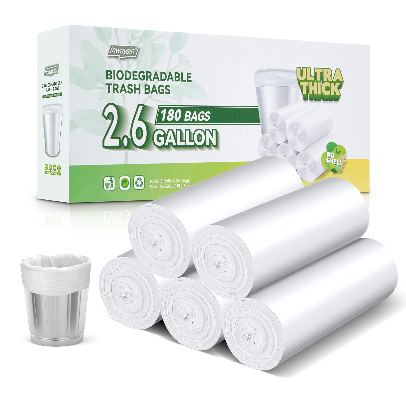 Photo 1 of Inwaysin Biodegradable 2.6 Gallon Trash Bags, 180 Count, Scented Free, Translucent, Thickening & Leaking Proof, Suitable for Most Trash Cans, Perfect for Home or on the Go